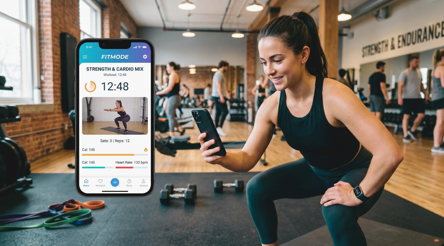 the woman doing sports using a fitness app